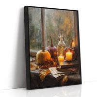 Pumpkins Glow By Rainy Window