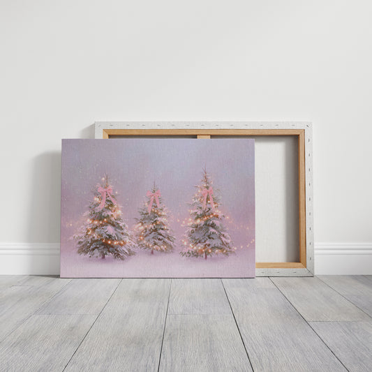 Pink Bows Dance Through Snow Light