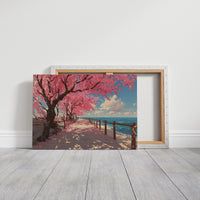 Cherry Blossoms Dance Above Ocean Paths