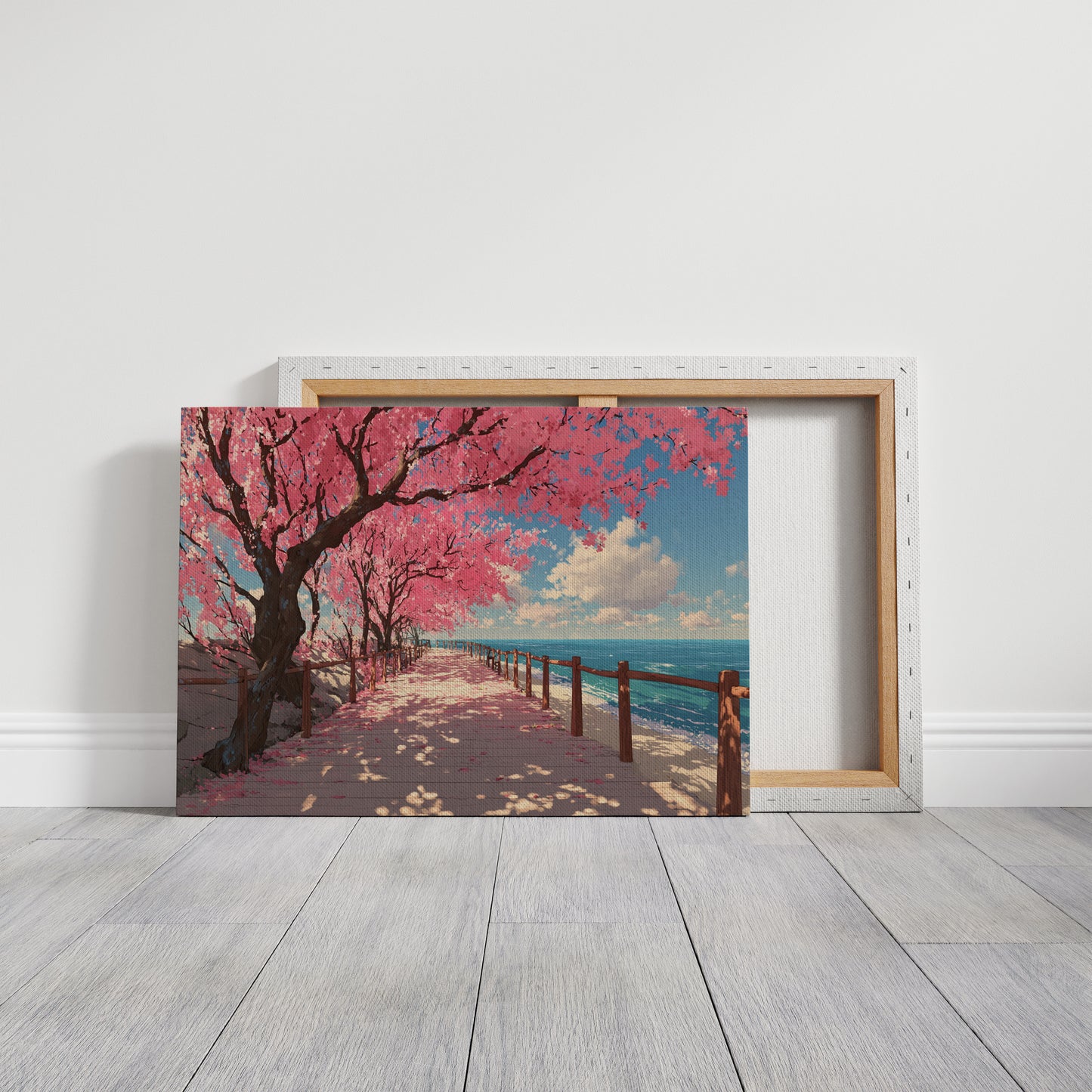 Cherry Blossoms Dance Above Ocean Paths