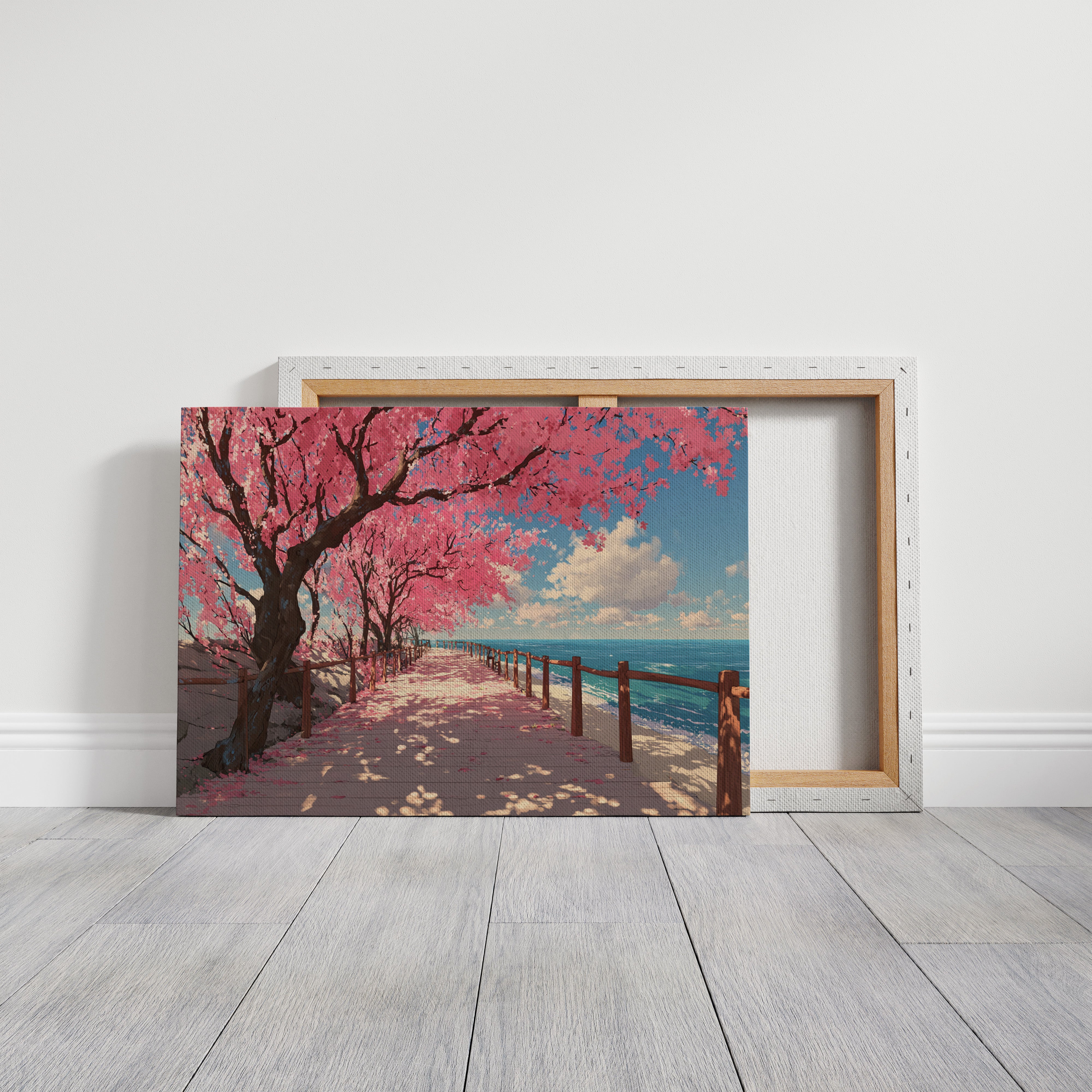 Cherry Blossoms Dance Above Ocean Paths