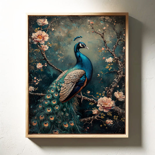 Vintage Peacock & Blossoms – Elegant Wall Art for Timeless Décor