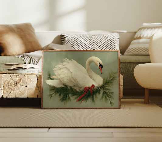 Winter Swan Among Pine Branches