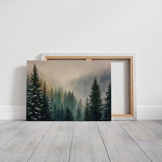 Snow Dances Through Evergreen Light