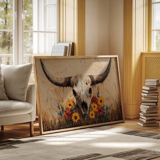 Longhorn Skull with Wildflowers