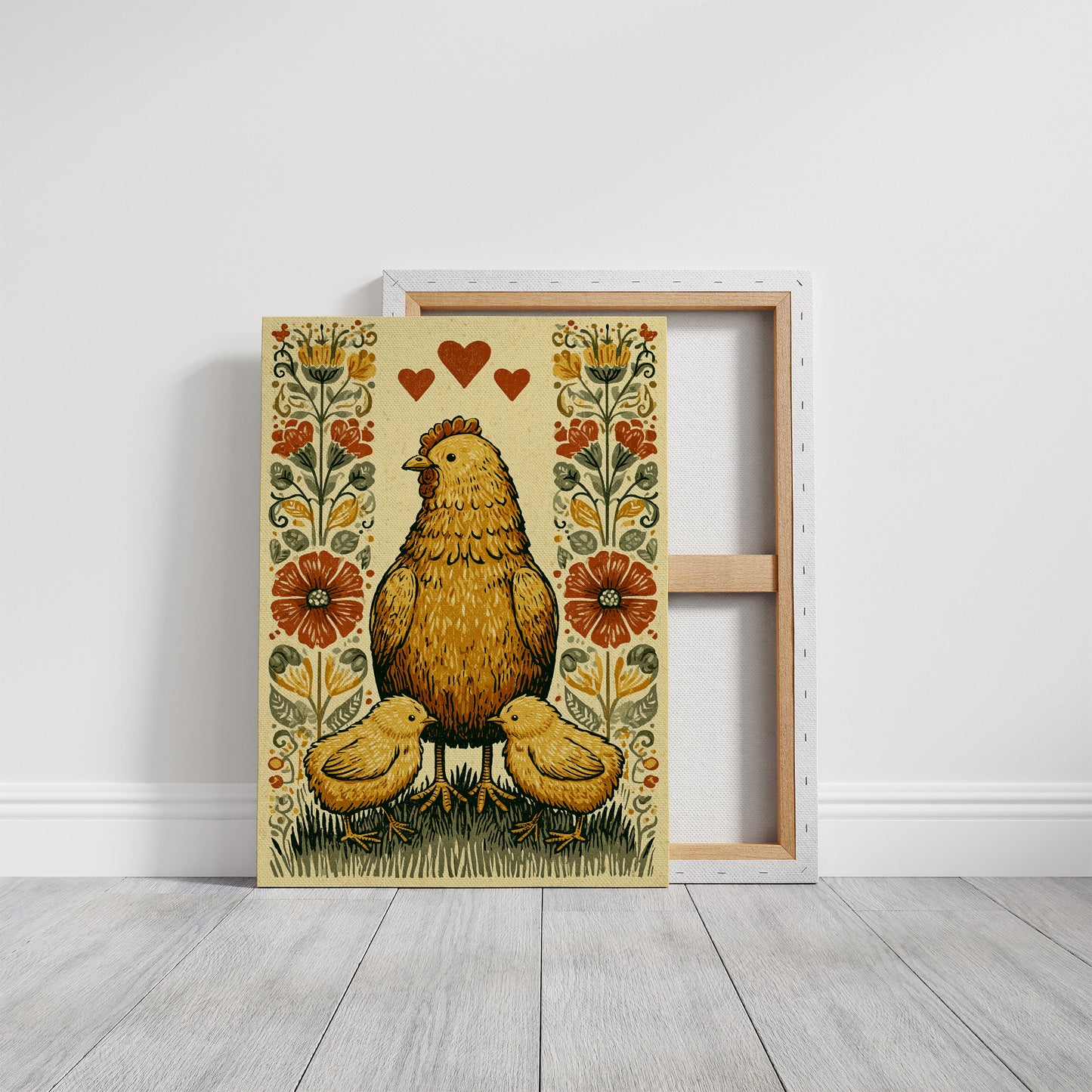 Mother Hen and Chicks — Poppy Border Folk Art Print