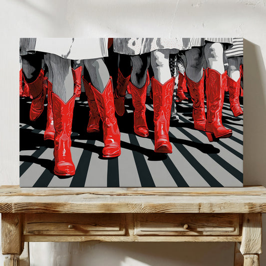 Canvas print of red boots on a striped background, displayed on a wooden table.