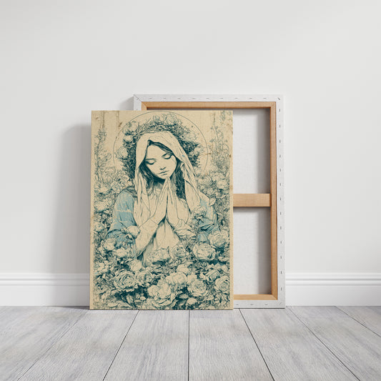 Madonna in Roses — Blue Wash Devotional Engraving
