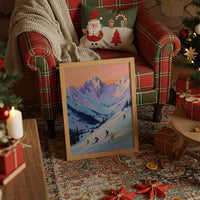 Skiers Chase Alpine Sunset Colors