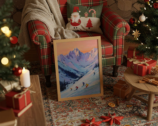 Skiers Chase Alpine Sunset Colors