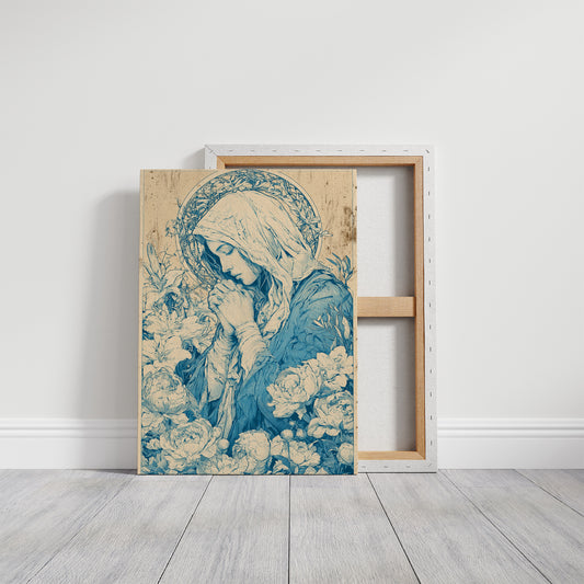 Madonna in Lilies — Cobalt Blue Devotional Engraving