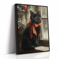 Midnight Cat Wears Holiday Ribbons