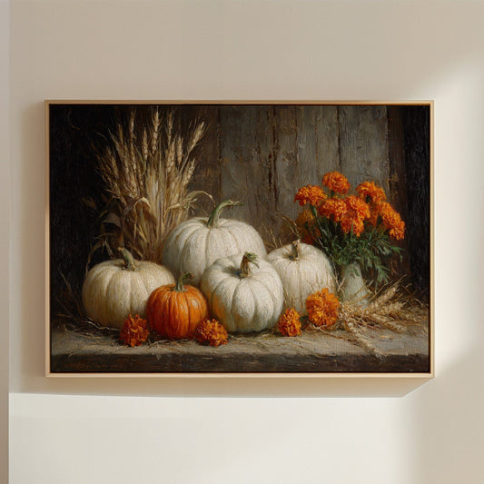 White Pumpkins Among Marigold Flames