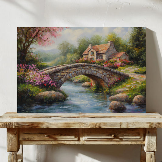 Roses Bloom By Ancient Stone Bridge