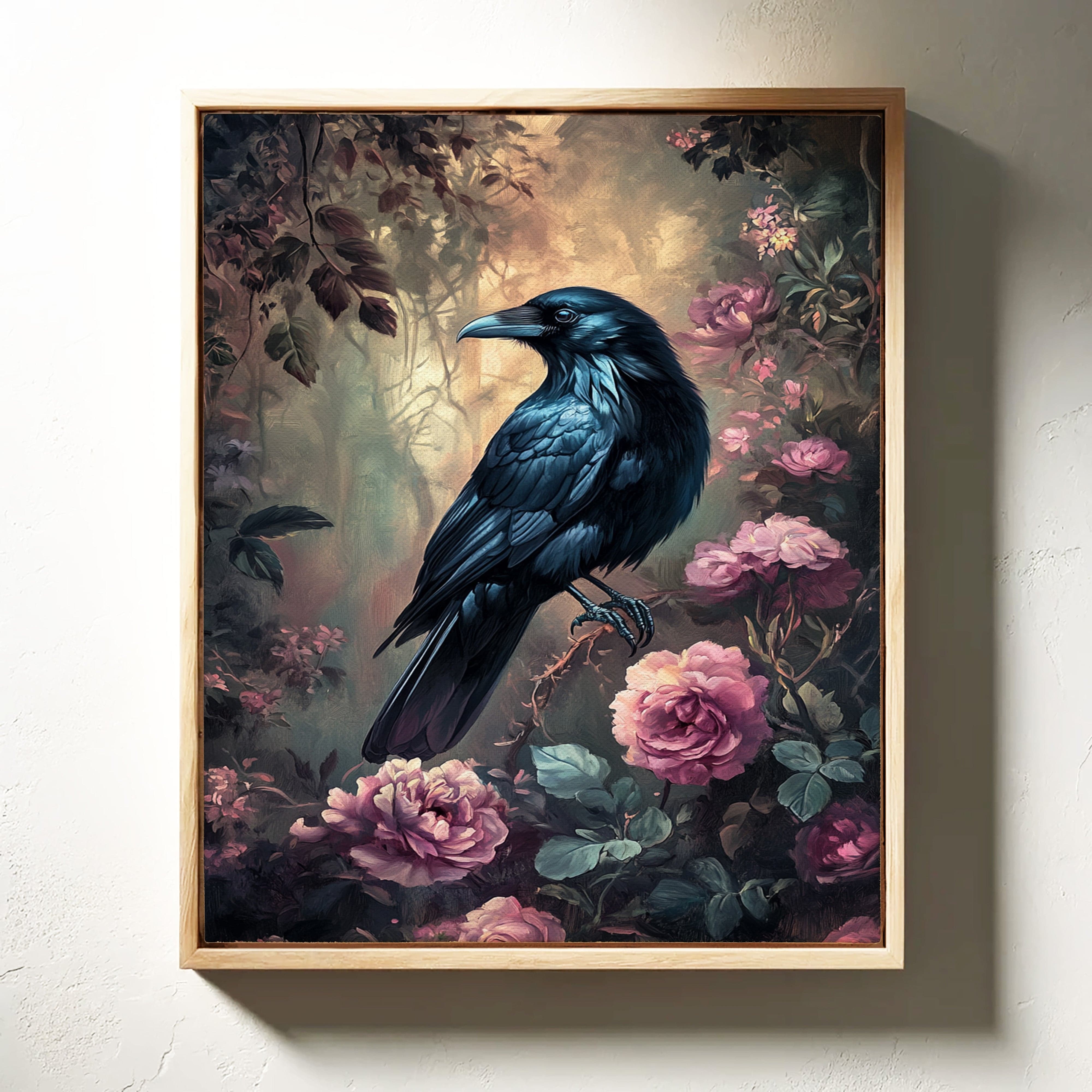 Midnight Raven: Gothic Floral Canvas Wall Art