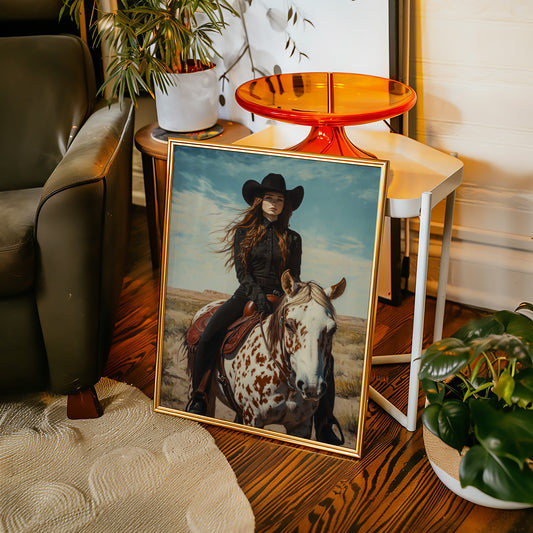 Desert Reins – Cowgirl on Paint Horse Portrait