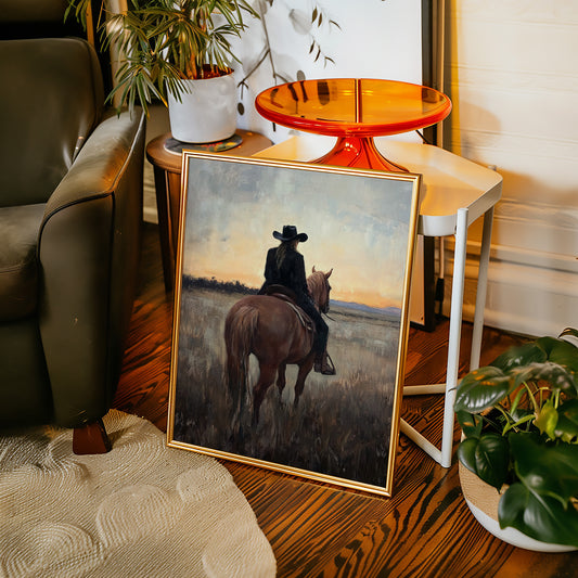 Back to the Prairie – Cowgirl on Horse at Dusk