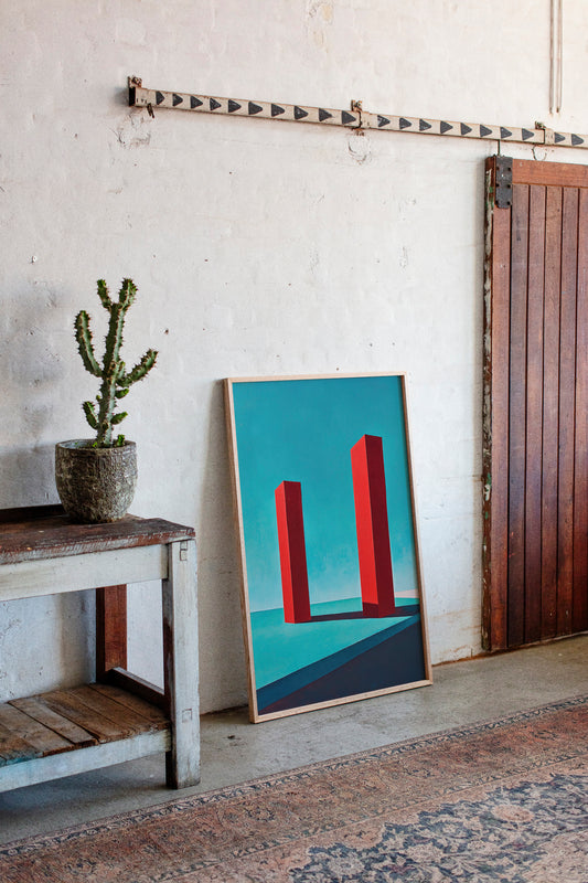 Red Pillars Against Turquoise Sky