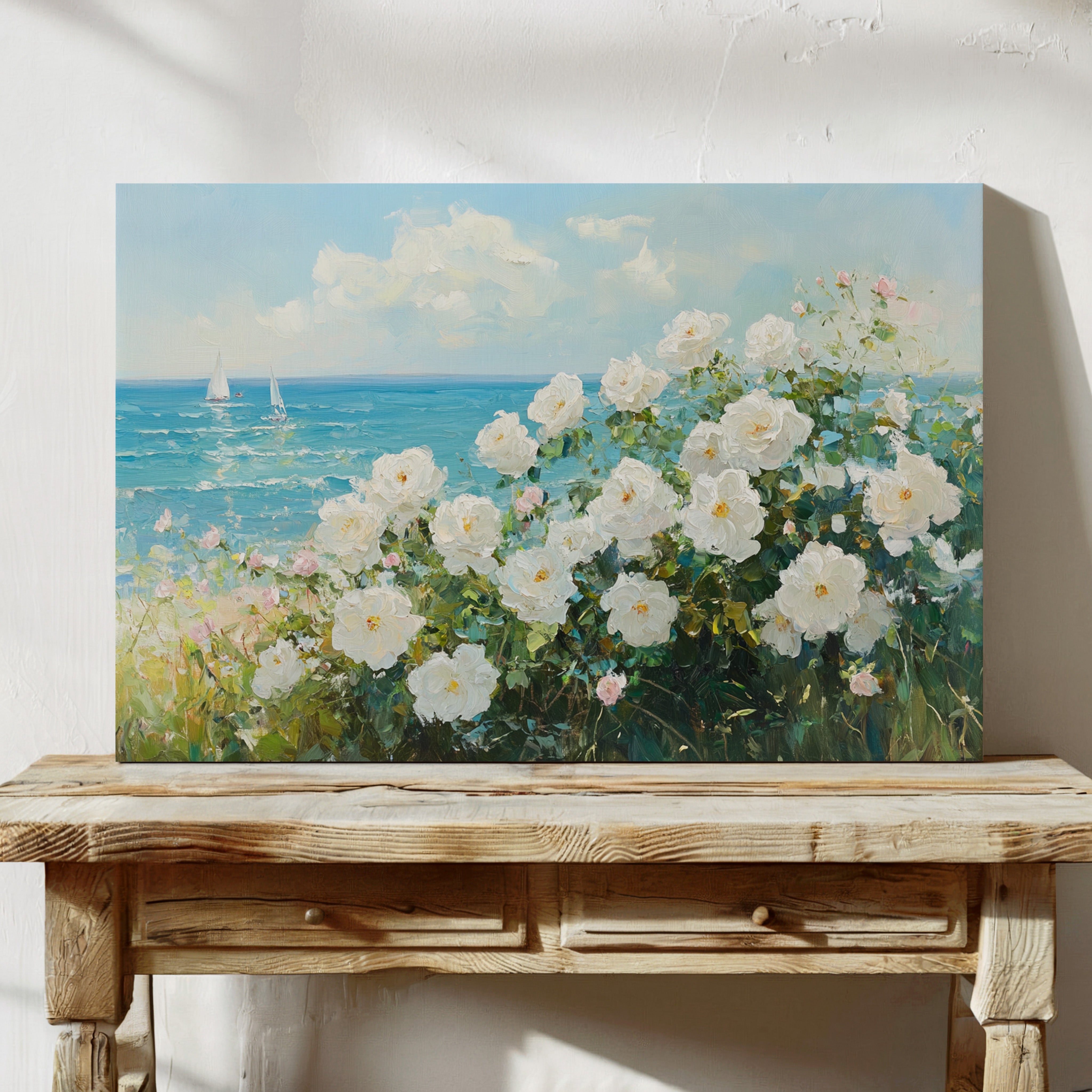 Coastal Roses Dance With Sailboats