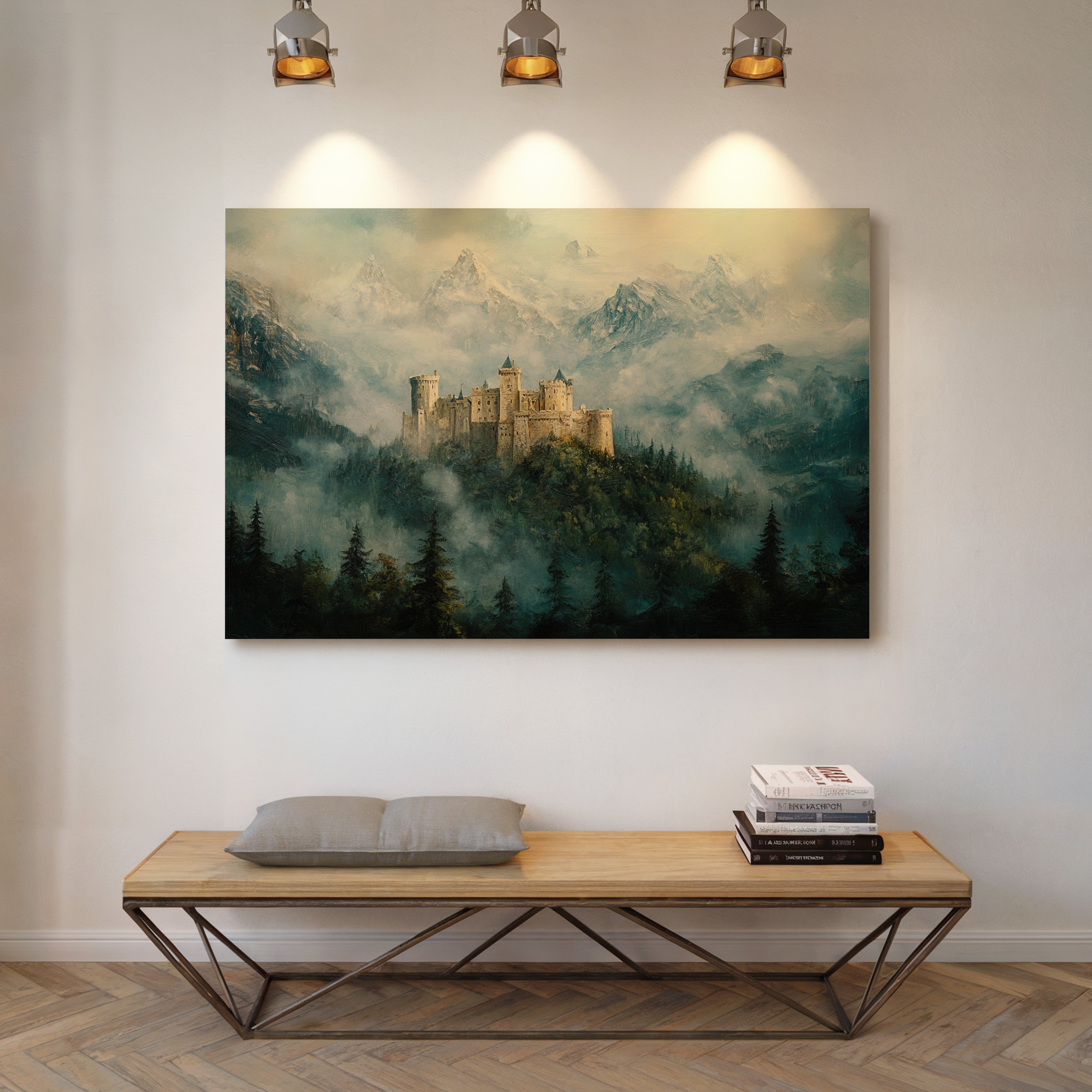 Misty Mountain Castle: Ethereal Fantasy Landscape Canvas Wall Art