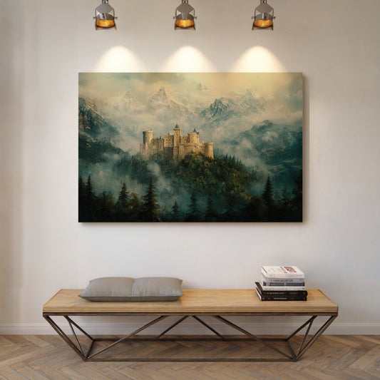 Misty Mountain Castle: Ethereal Fantasy Landscape Canvas Wall Art