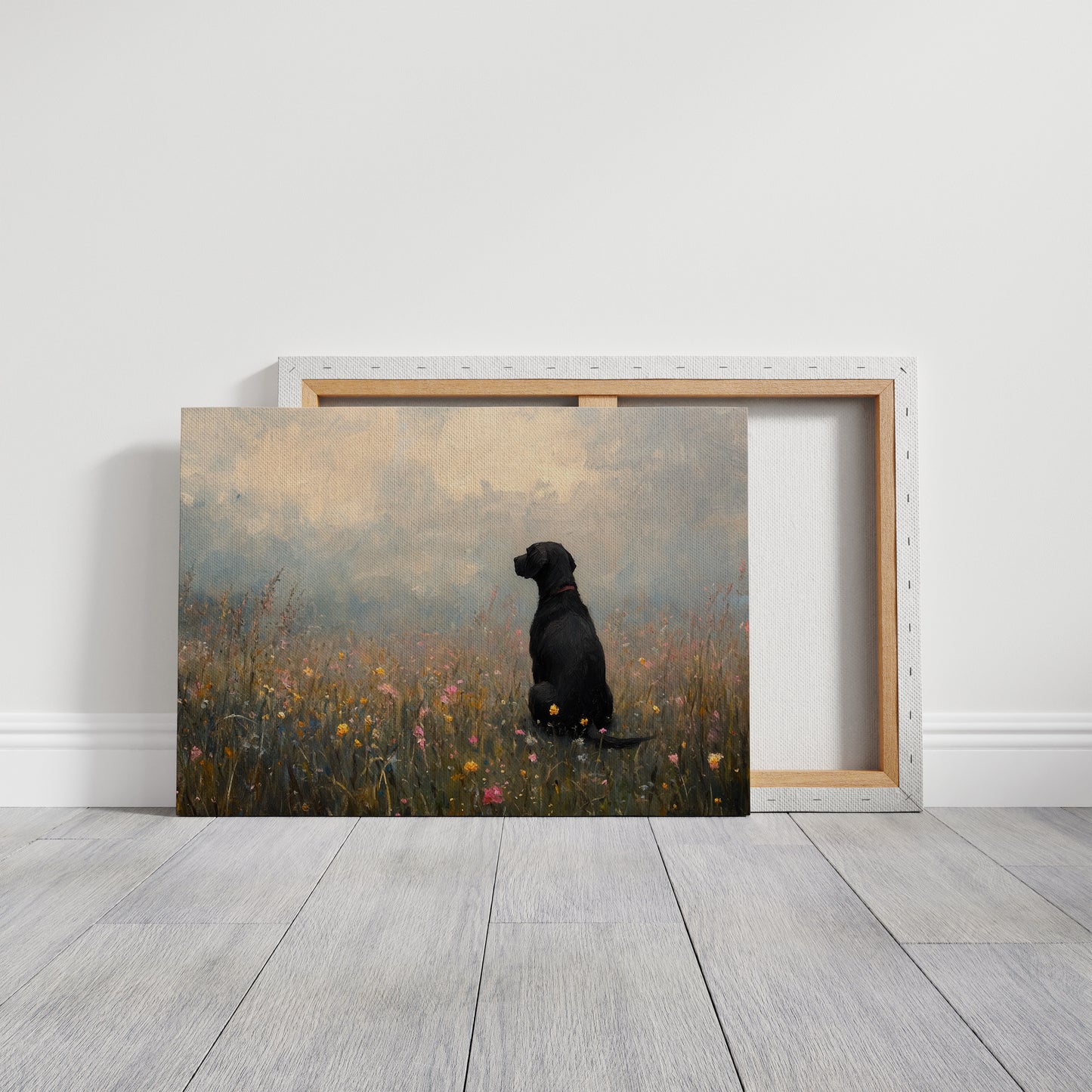 Serene Black Lab in Wildflowers – Rustic Dog Art Print