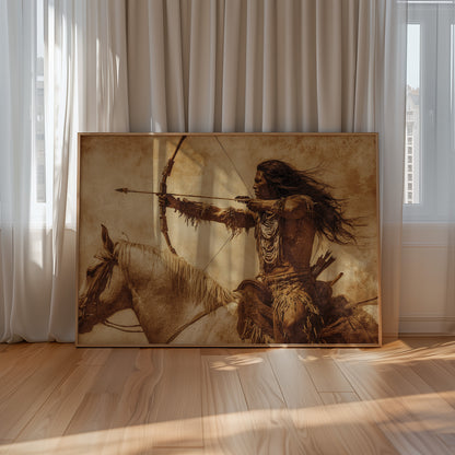 Warrior Archer on Horseback – Western Sepia Wall Art Print