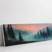 Misty Pines Beneath A Blushing Sky