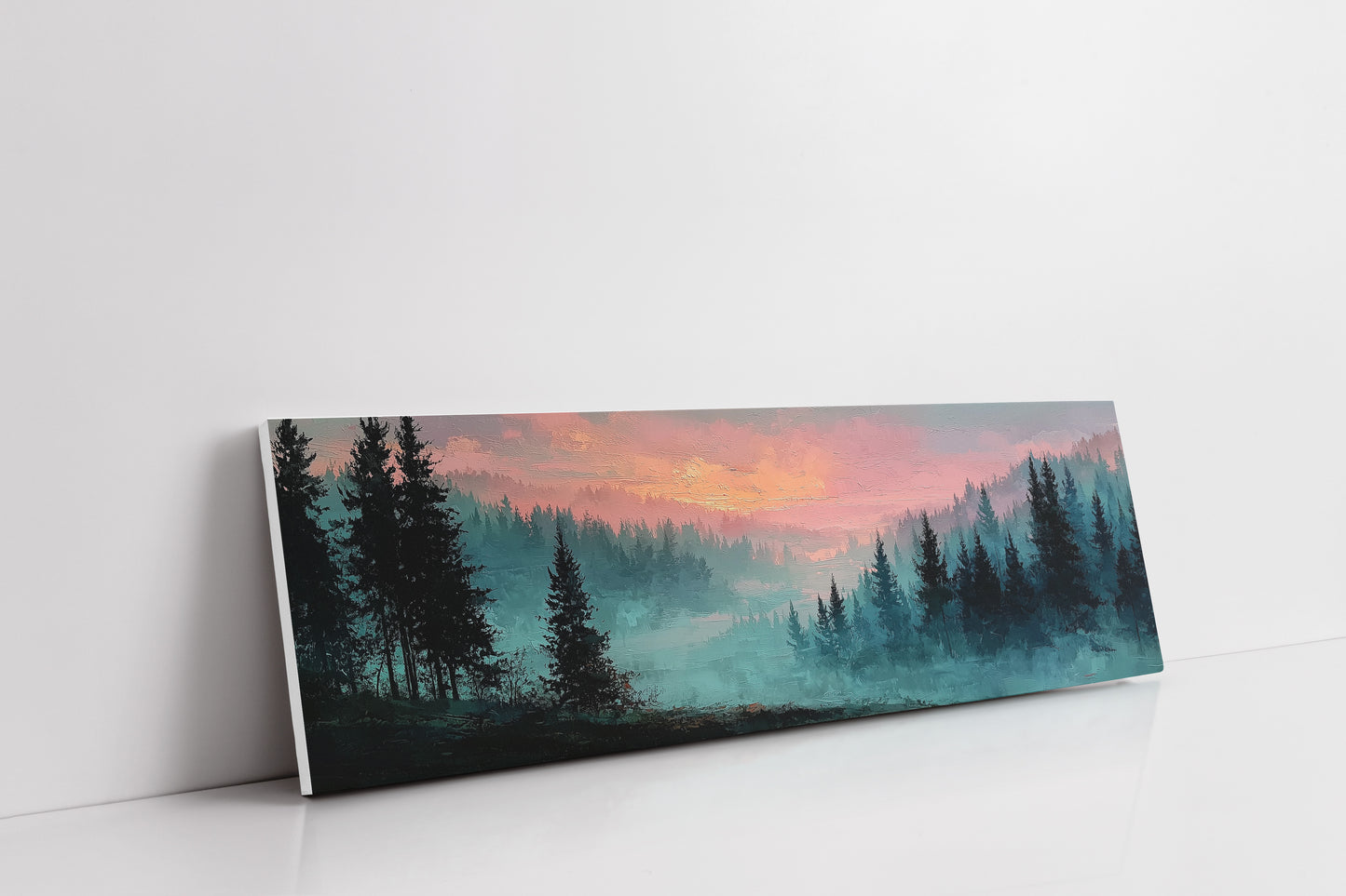 Misty Pines Beneath A Blushing Sky