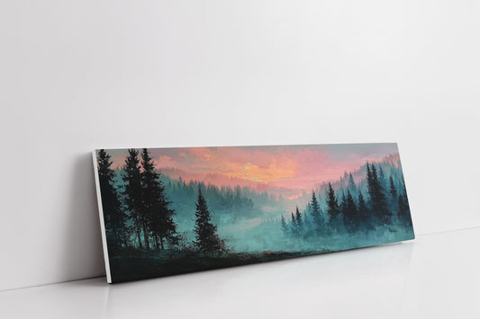 Misty Pines Beneath A Blushing Sky