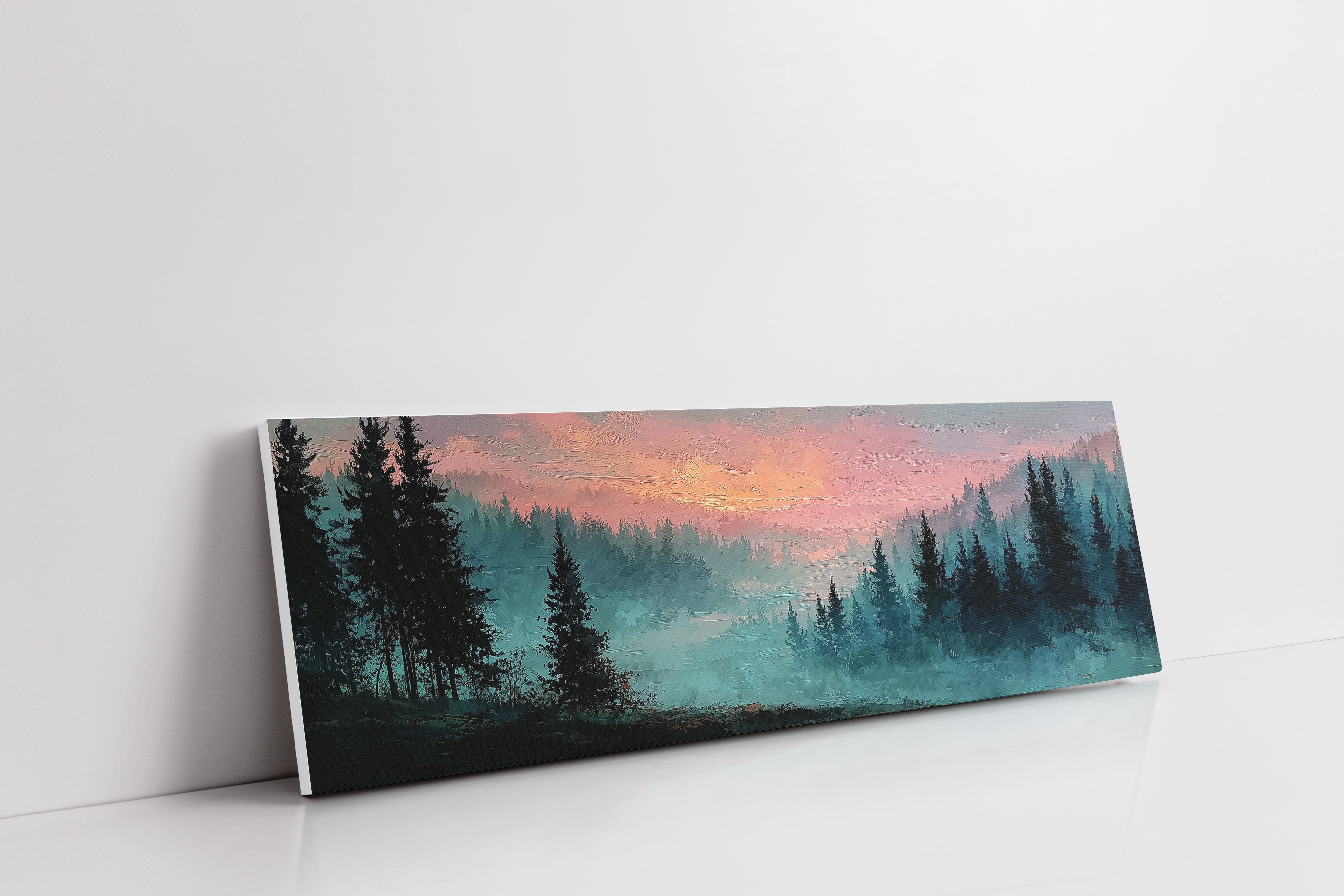Misty Pines Beneath A Blushing Sky