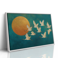 Cranes Dance Against Golden Moon