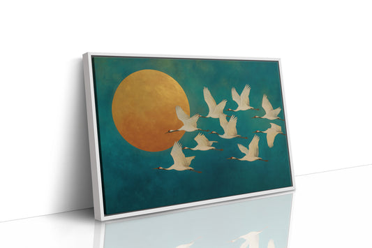 Cranes Dance Against Golden Moon