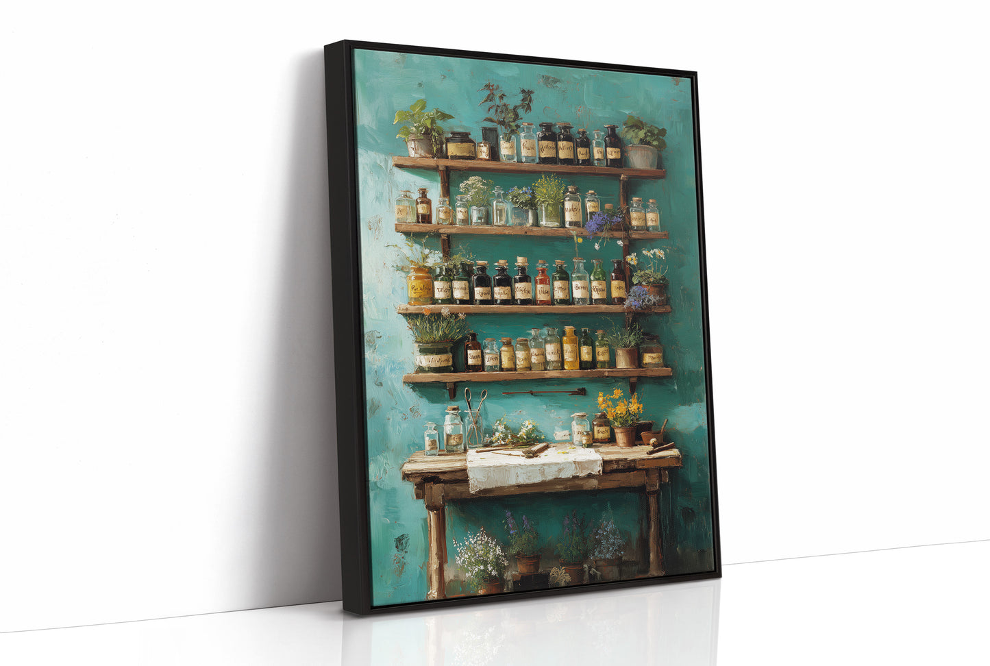 Apothecary Secrets Against Teal Walls