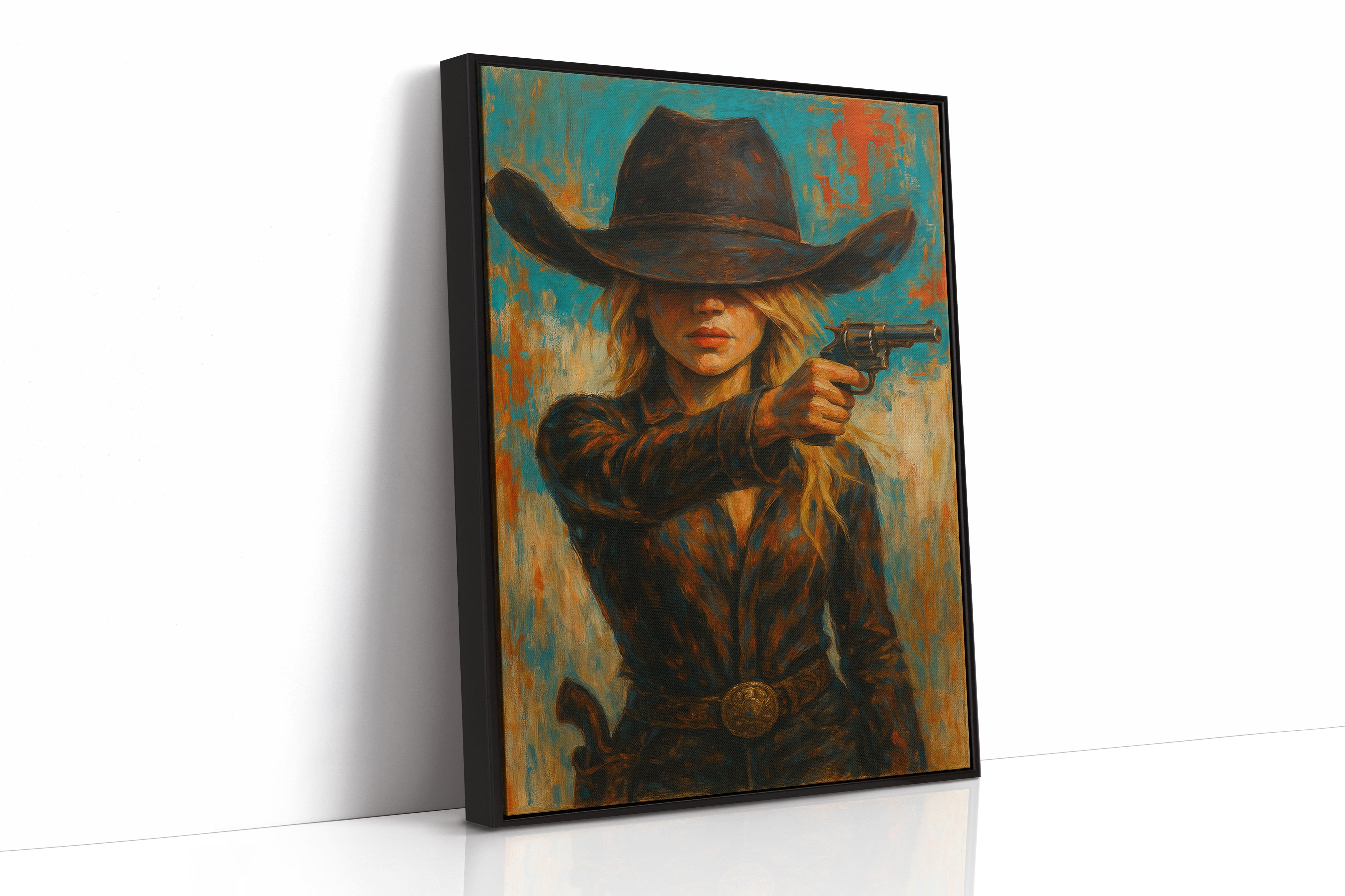 Western Grit: Cowgirl With Revolver Canvas Art