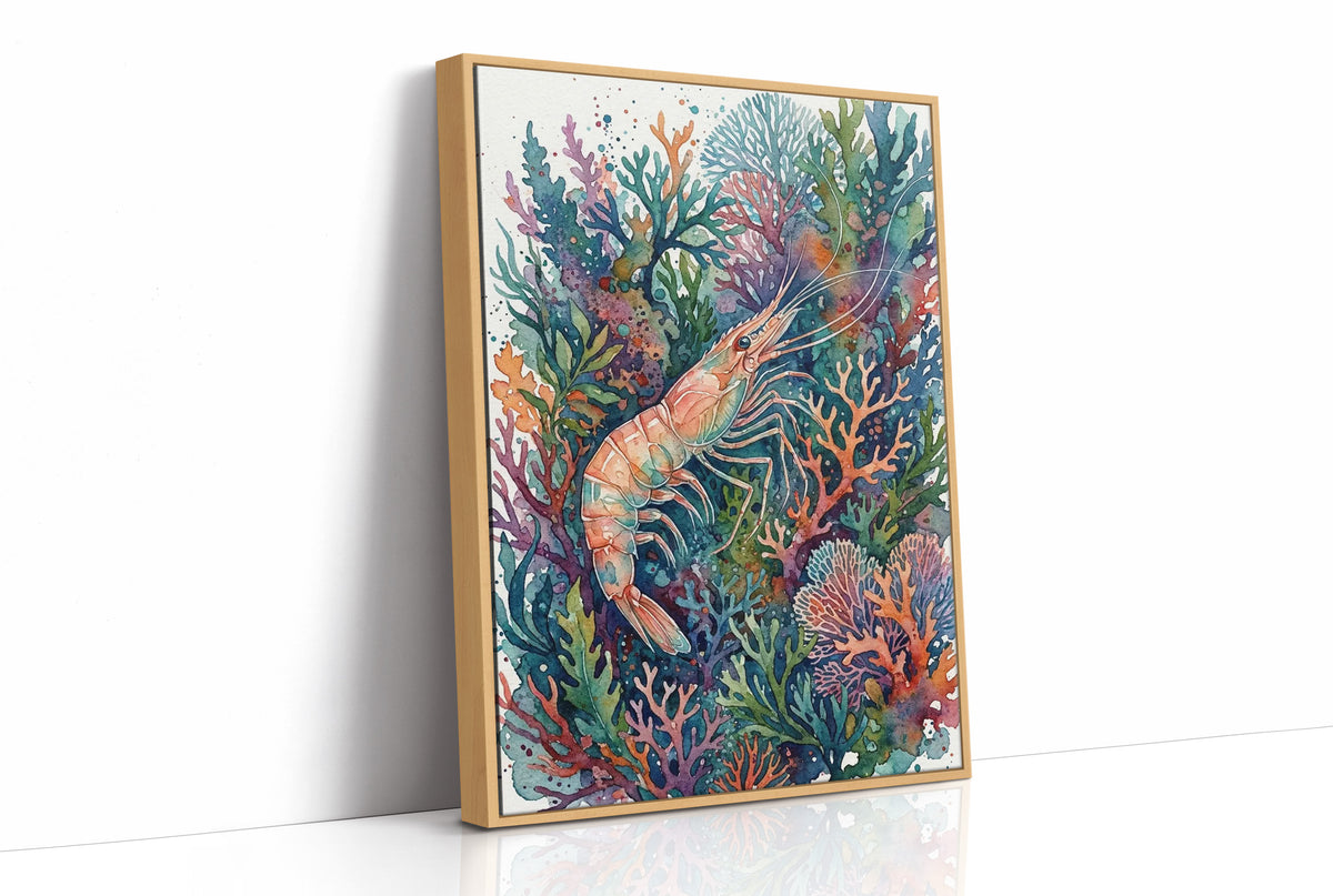 Coral Thicket Sentinel: Watercolor Shrimp Study
