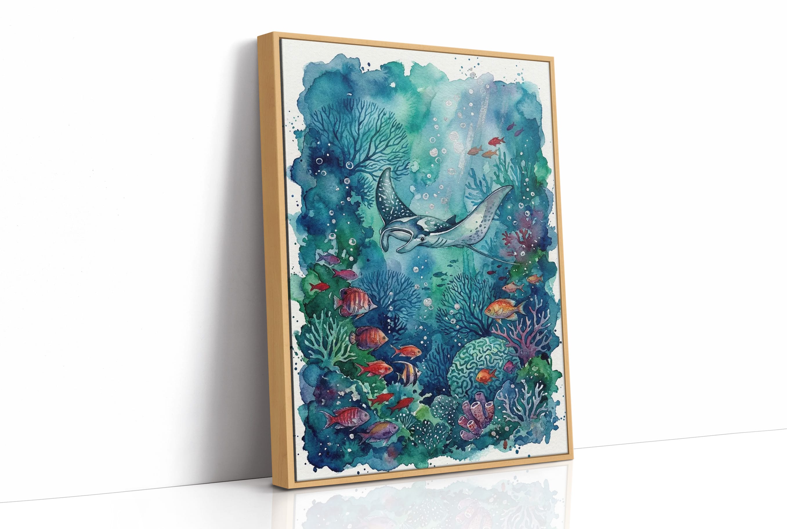 Silent Glide: Watercolor Manta Ray Reef Scene