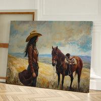 Cowgirl and Her Mustang on the Open Range