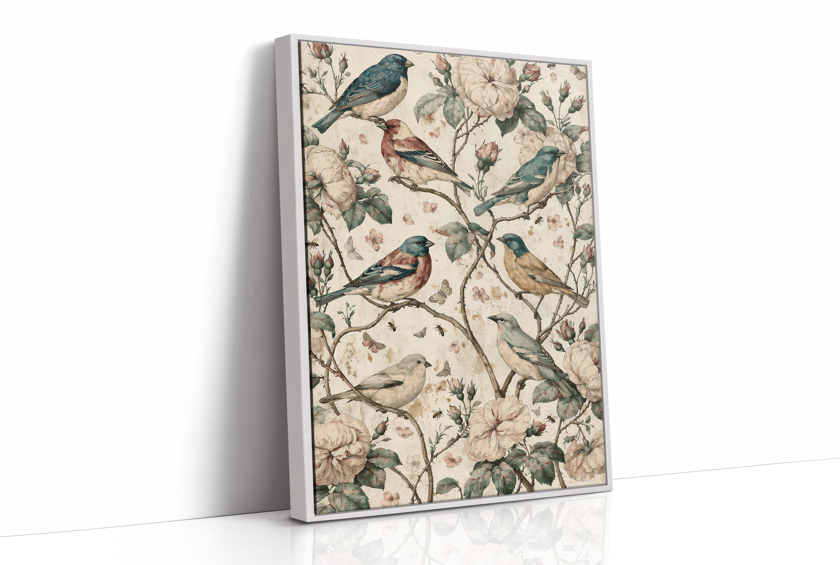 Six Finches, One Rose Bush