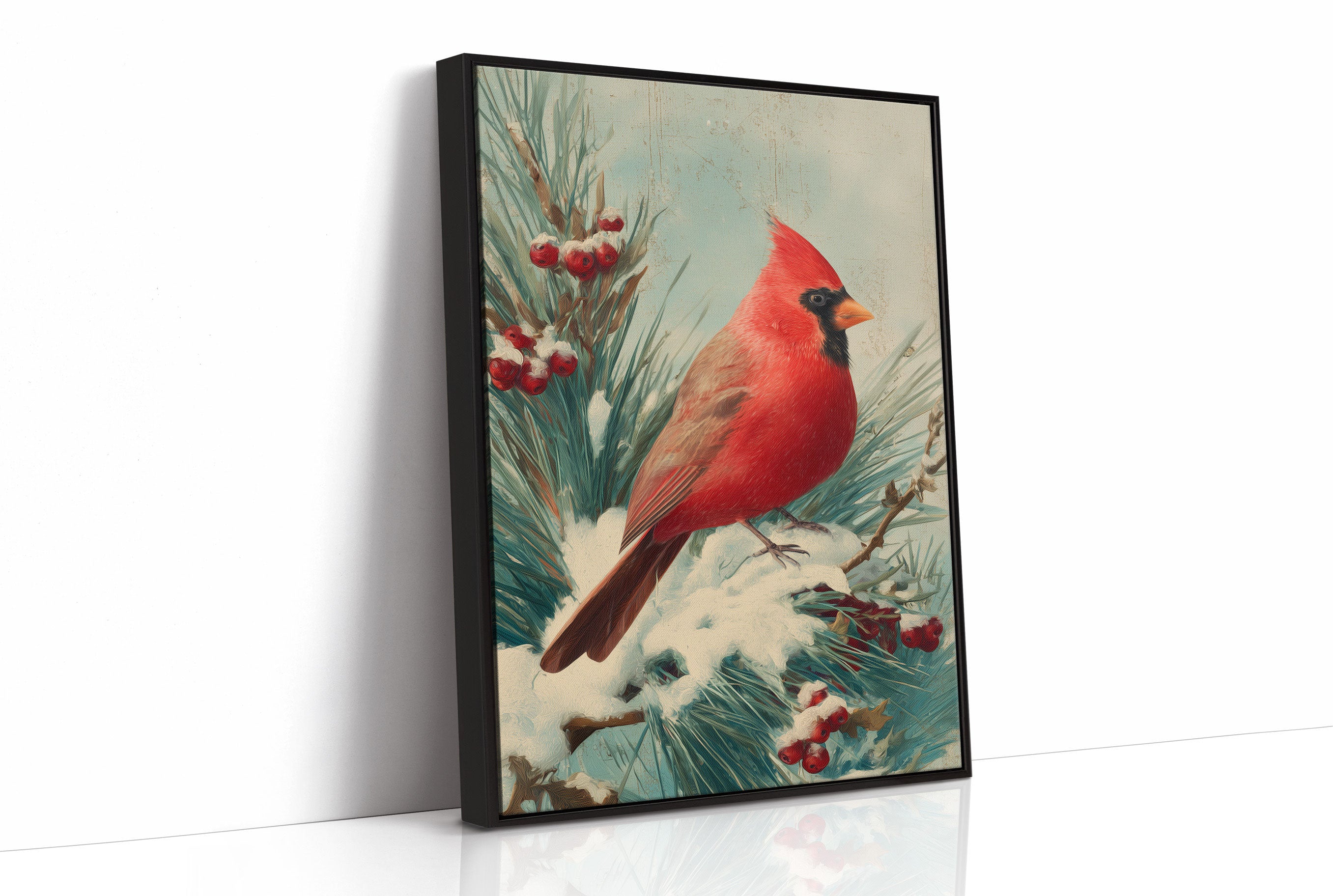 Crimson Wings Against Winter Pine