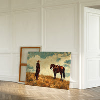 Cowgirl and Horse Under Big Sky