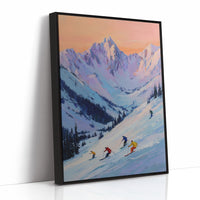 Skiers Chase Alpine Sunset Colors