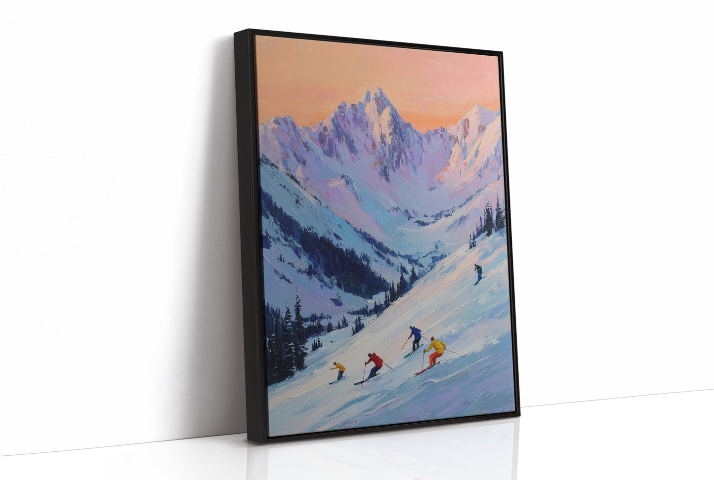 Skiers Chase Alpine Sunset Colors