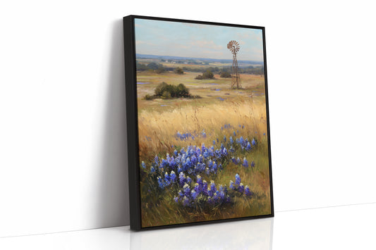 Bluebonnets Dance Near Rustic Windmill