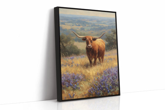 Longhorn Grazes Among Bluebonnet Dreams