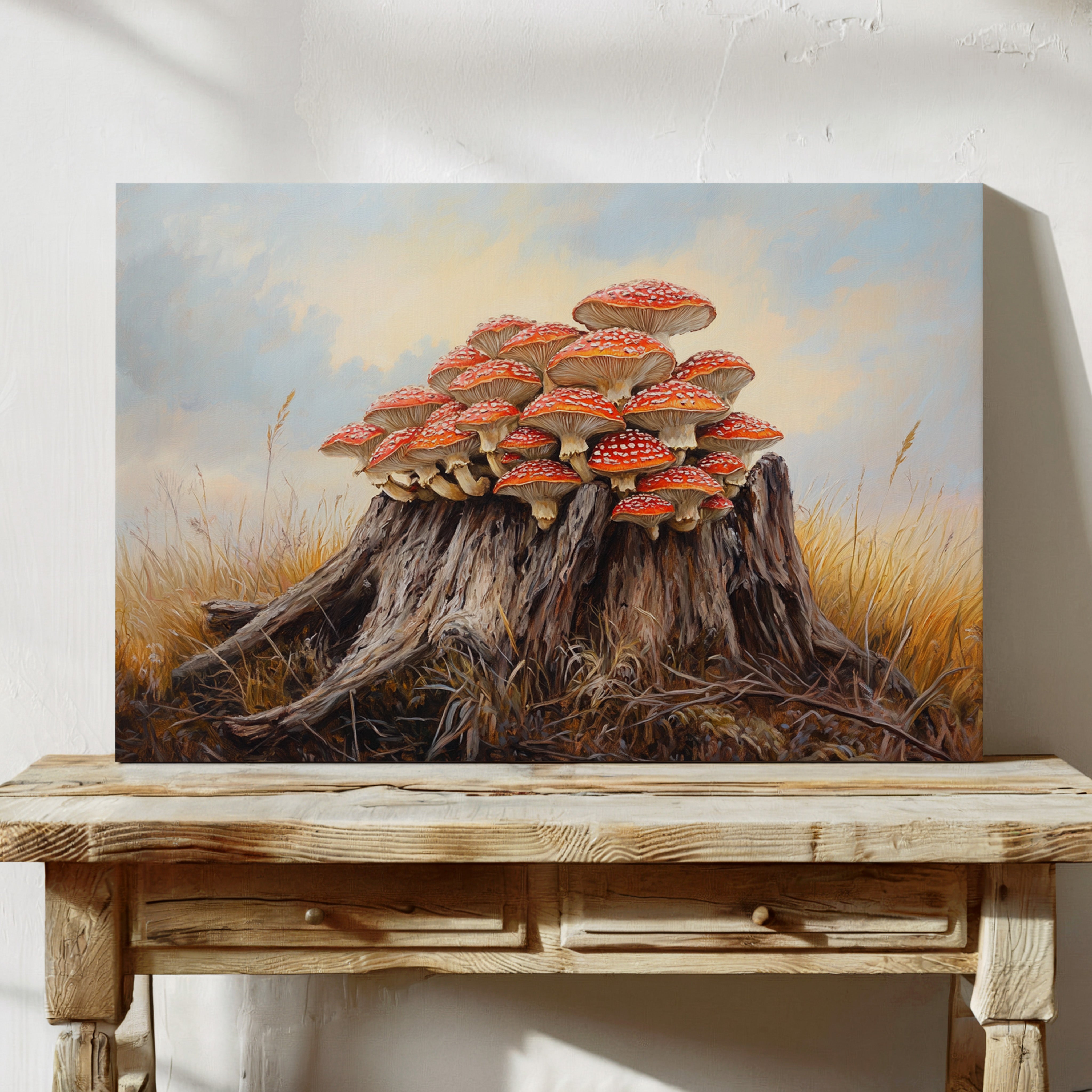 Red Mushrooms Crown Ancient Stump