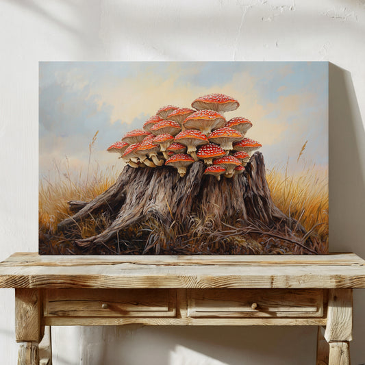 Red Mushrooms Crown Ancient Stump