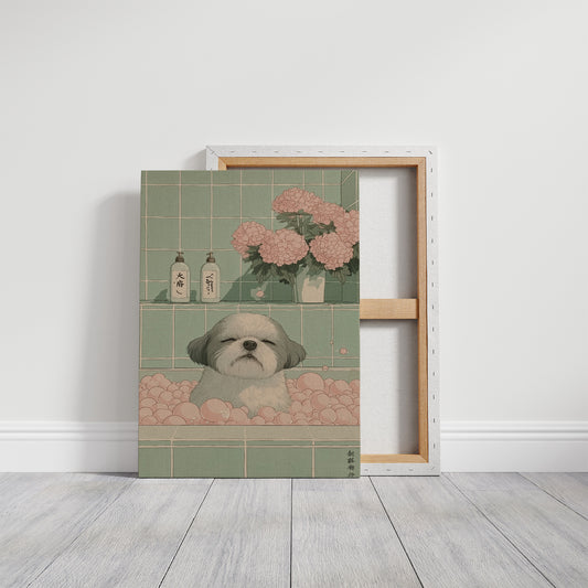 Peaceful Pup Among Pink Peonies