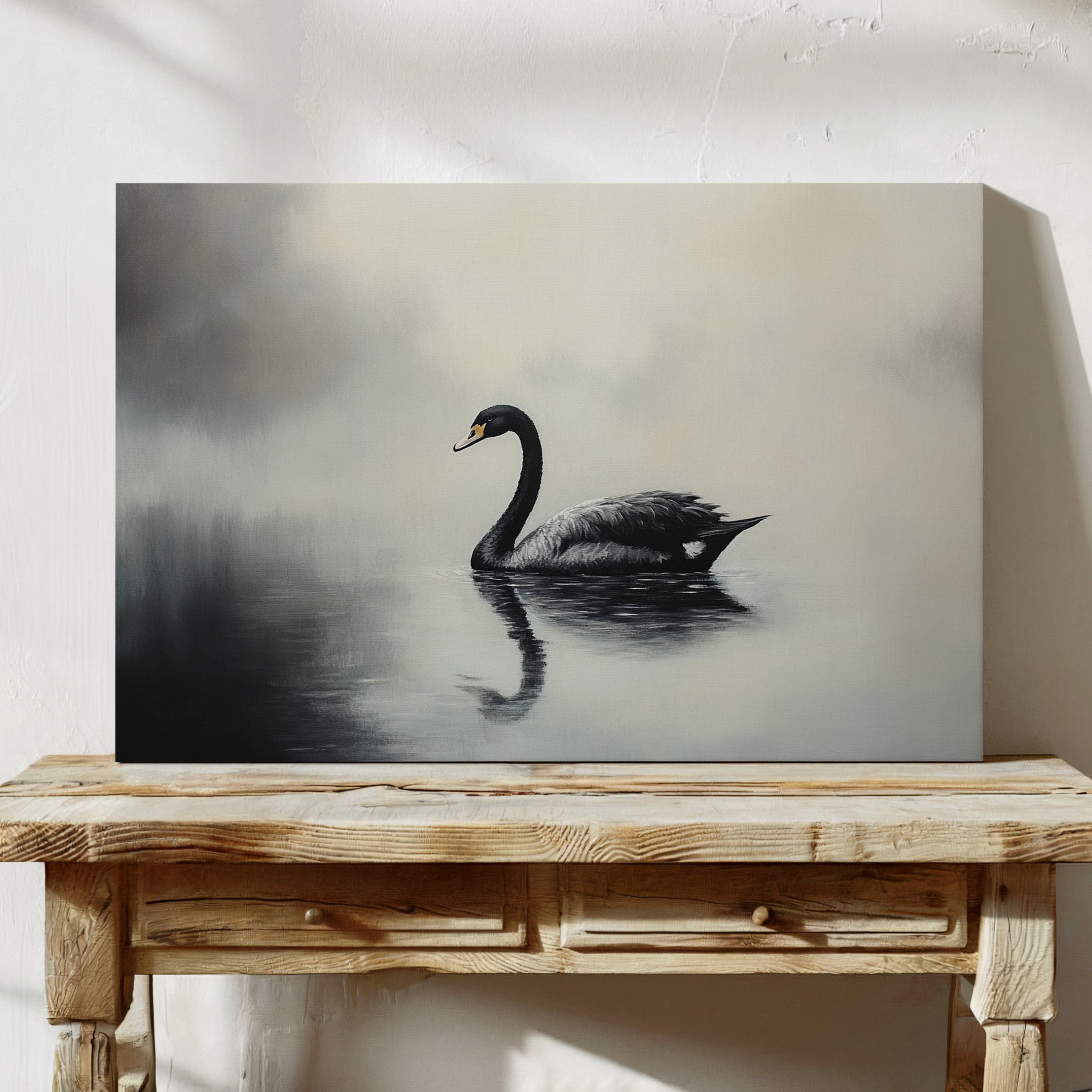 Black Swan Glides Through Morning Fog