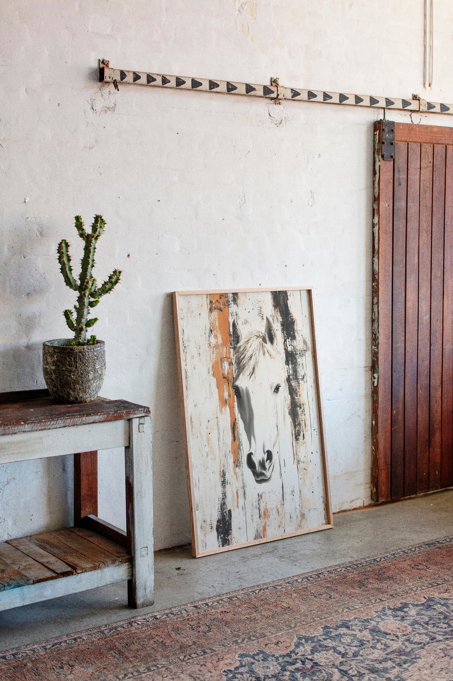 White Horse Against Rustic Planks